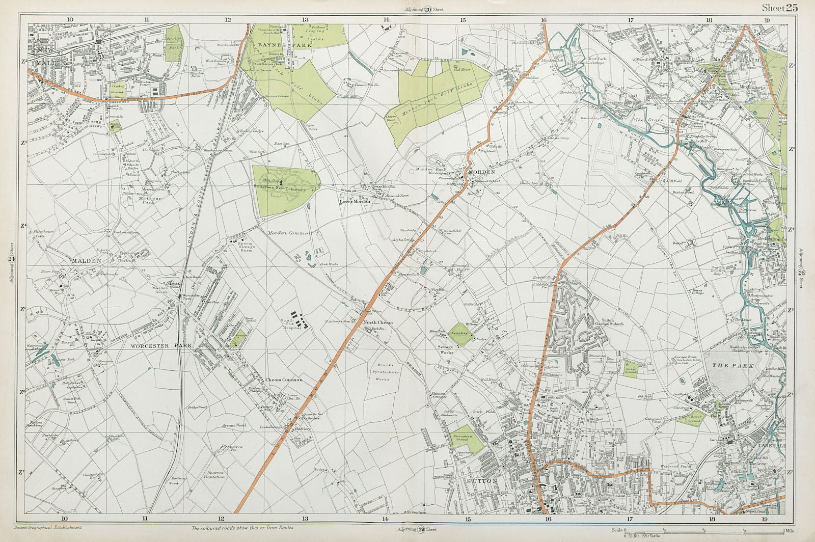 SUTTON Carshalton Morden New Malden Worcester Pk Mitcham Cheam. BACON  1920 map